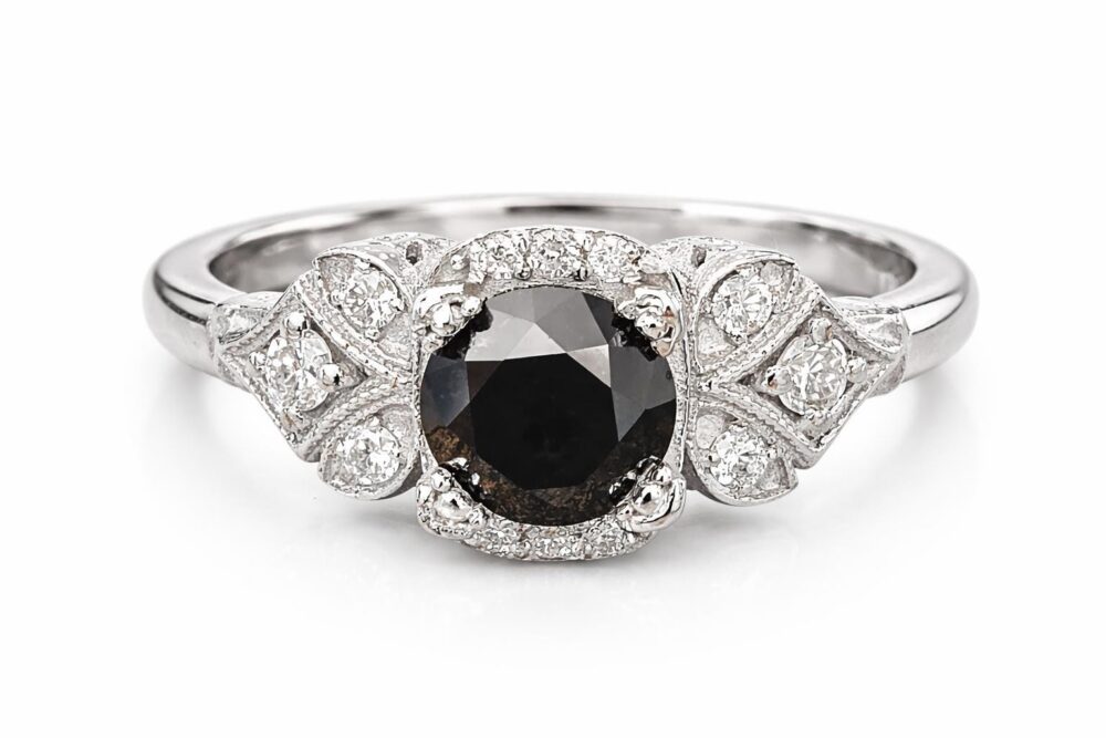 Vintage Black Diamond Engagement Ring 14K White Gold, 1Ct Round With Diamonds, Handmade Bridal