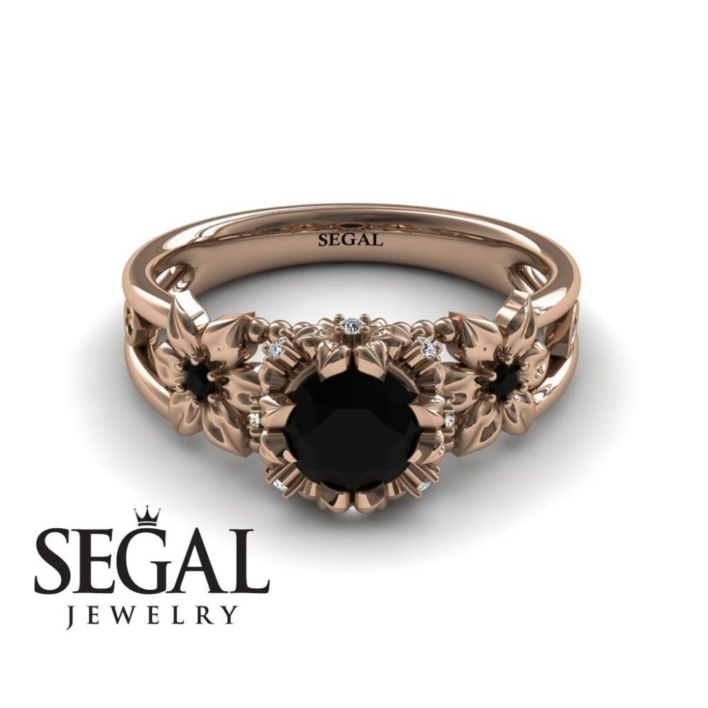 Black Diamonds Engagement Ring Flower Engagement Ring Rose Gold Leaf Diamond Vintage Real 14K Rose Gold, Rings - Mackenzie
