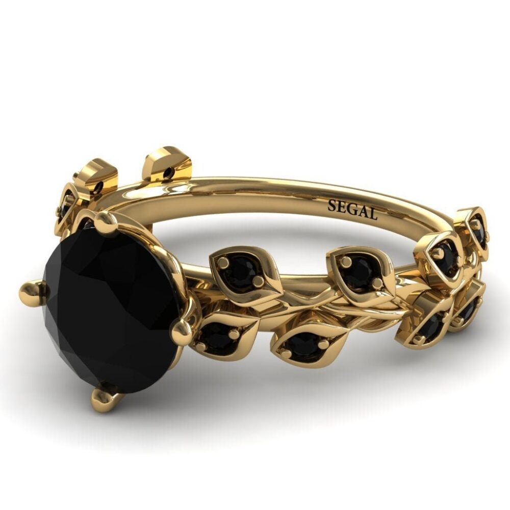 Black Diamonds Engagement Rings For Women 18K Yellow Gold Ring 2 Carat Black Diamond Leaves