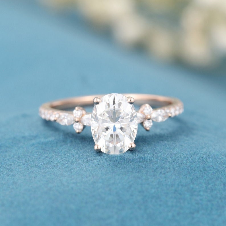 Vintage Engagement Ring Moissanite Unique Oval Cut Rose Gold Diamond Dainty Anniversary Gift For Her