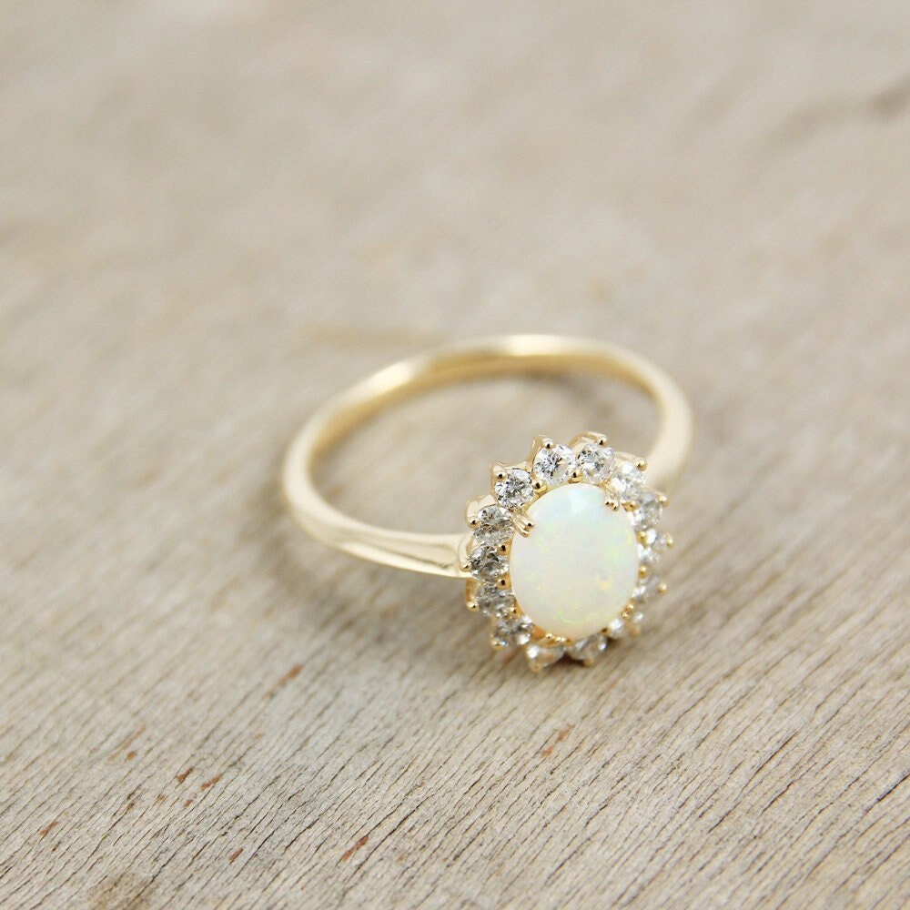 White Opal Halo Diamond Ring - 14K Gold Vintage Engagement Ring, Personalized Anniversary R2119
