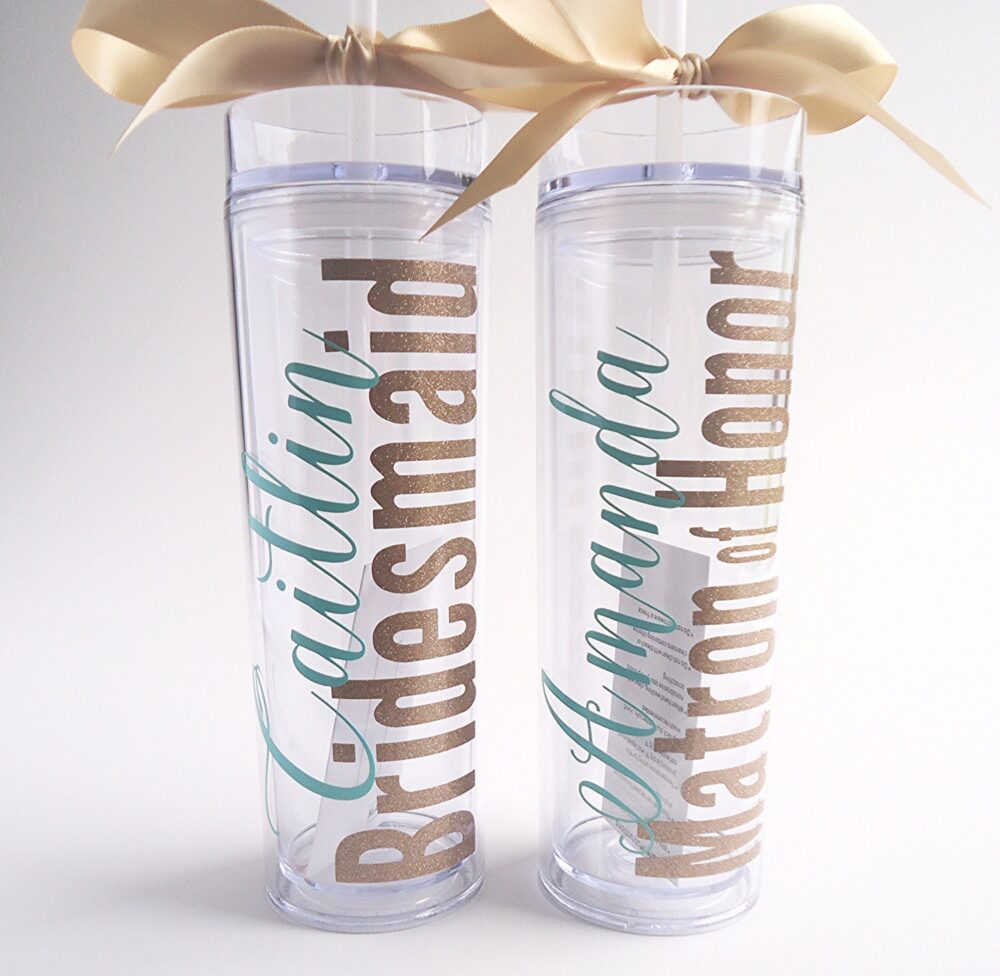 5 Personalized Bridesmaid Skinny Tumbler With Glitter Vinyl Gift Set Wedding Party Acrylic Cups