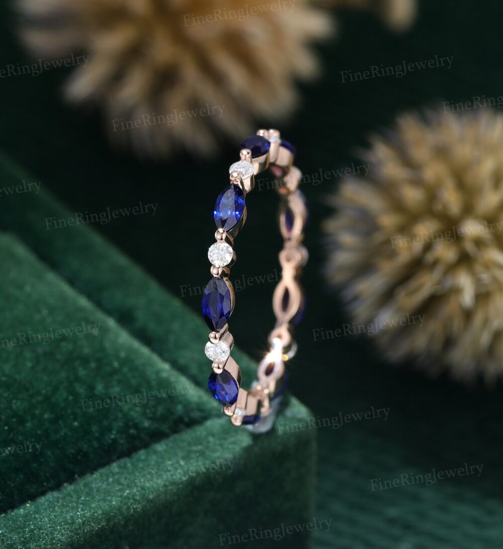 Wedding Ring Band Women Moissanite Wedding Rose Gold Marquise Cut Lab Blue Sapphire Stacking Matching Full Eternity Bridal Promise Gift