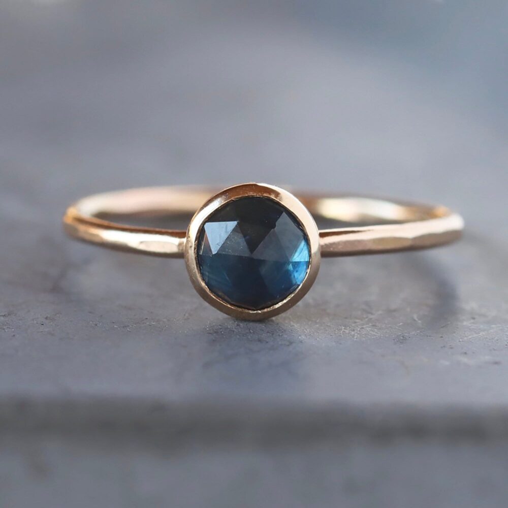 Rose Cut Teal Blue Sapphire Ring, Solid 14K Gold Hammered Band, American Mined Montana