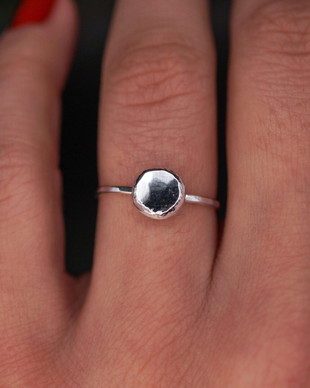 Pebble Ring | Sterling Silver Molten Silver Nugget On Slim Hammered Band Alternative Engagement Or Wedding Ring