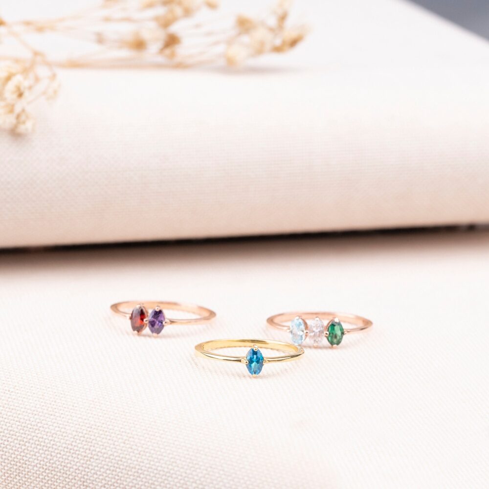 sterling Silver Family Birthstone Ring, Personalized Oval-Cut Gemstone