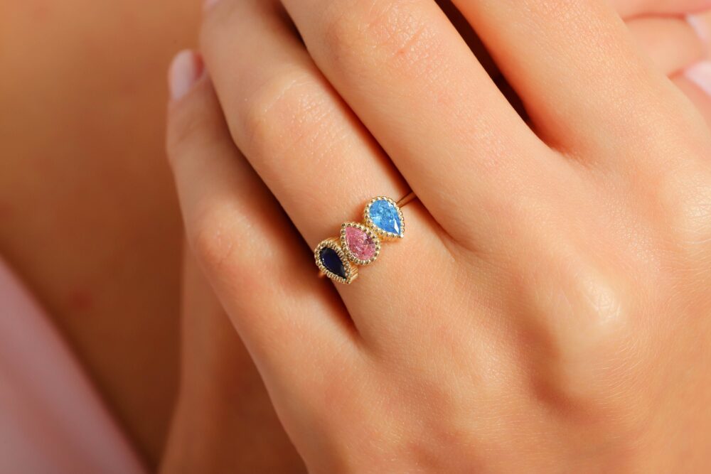 Family Birthstone Ring, 14K Solid Gold Three Teardrop Sapphire Rose Quartz Blue Topaz Rings