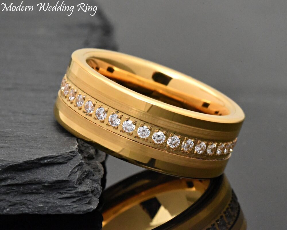 Gold Plated Tungsten Wedding Ring, Cz Eternity Band, Engraved Anniversary Ring