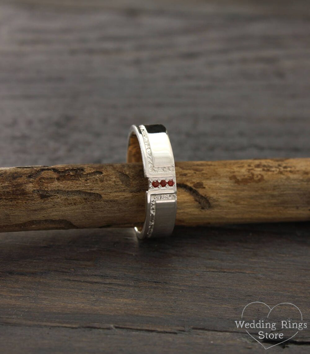 Garnet Wedding Band, Men's Garnet Ring, Silver Flat Engagement Mens Gift