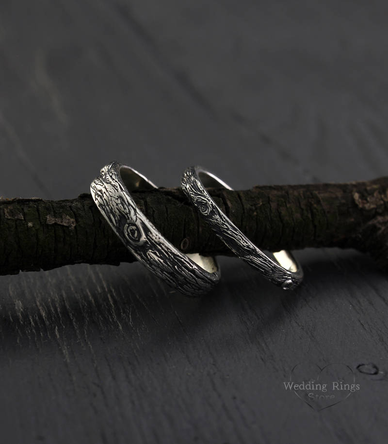 Tree Bark His & Her Silver Wedding Bands Set, Rings Ring, Mens Tree Band, Womens Silver Ring