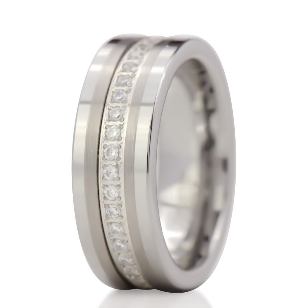 Men's Silver With Cz Diamonds Wedding Ring, Brushed Mens Band, Engagement Anniversary Ring
