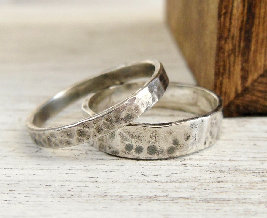Wedding Band Set - Sterling Silver Ring Hammered For Him & Her