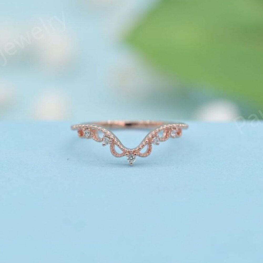 Antique Moissanite Rose Gold Wedding Band Art Deco Star Enhancer Ring