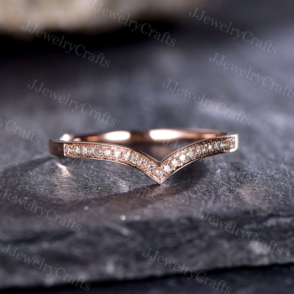 Chevron Moissanite Wedding Band Art Deco Curved Diamond Stack Dainty Ring Rose Gold Micro Pave