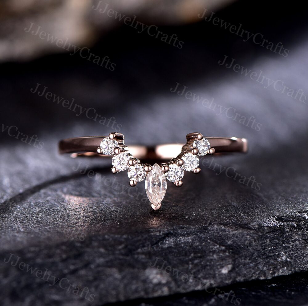 Chevron Moissanite Wedding Band Art Deco Curved Diamond Stack Dainty Marquise Ring Rose Gold Micro Pave