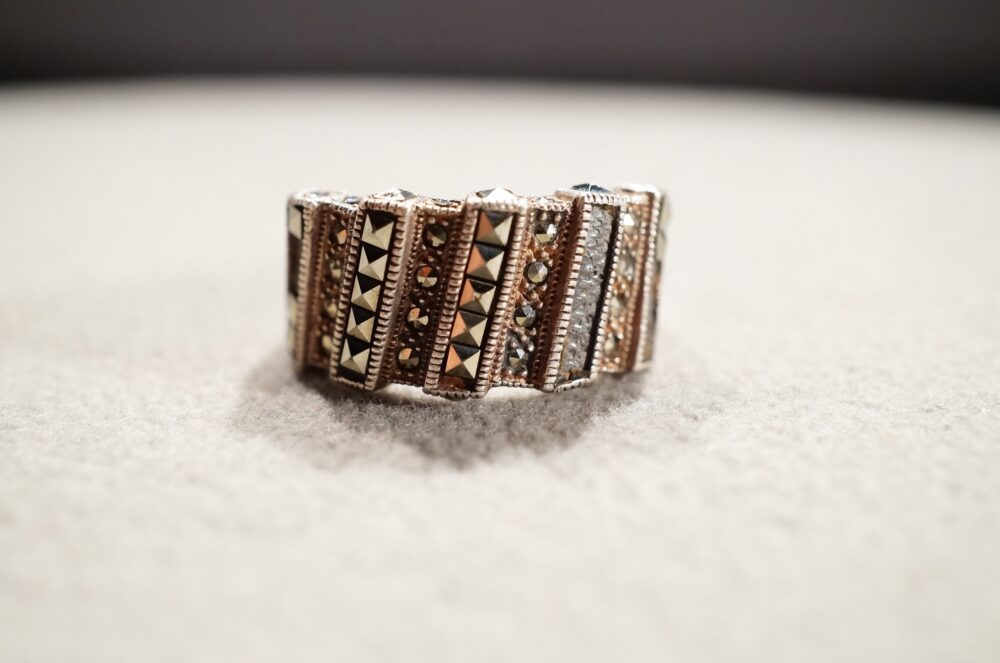Vintage Sterling Silver Wedding Band Stacker Design Ring Multi Round Square Prong Set Marcasite Row Setting Art Deco Style, Size 9.5