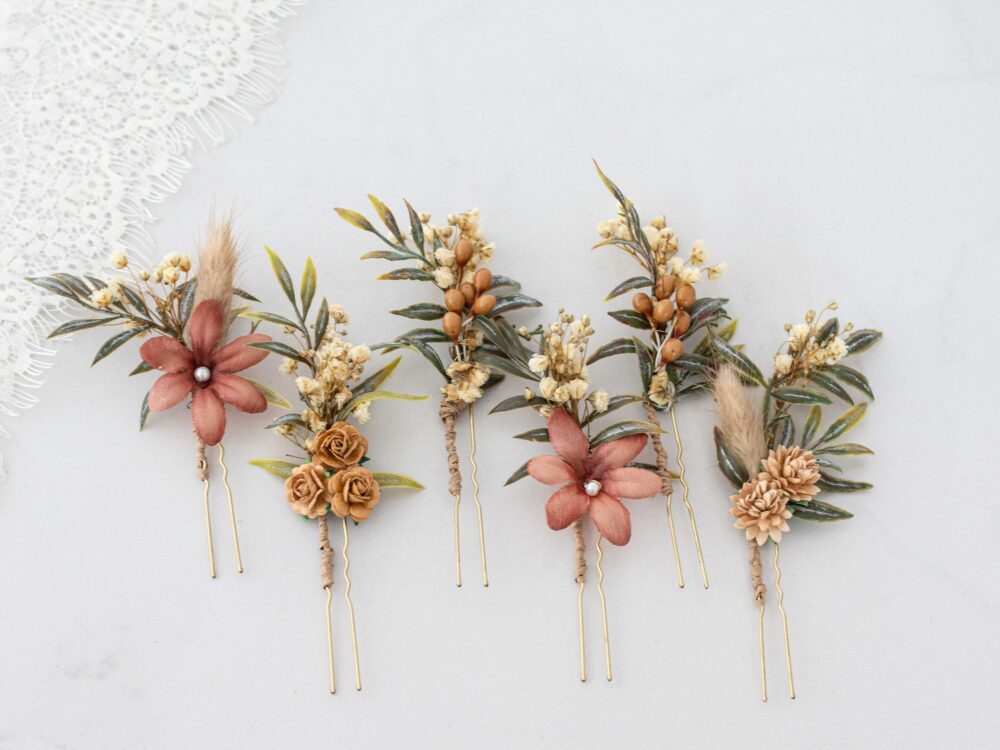 Floral Hair Pins Set Beige Brown Wedding Bobby