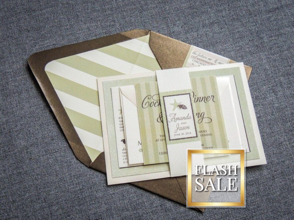 Seashell Wedding Invitations, Starfish Invites, Sage Green, Destination Invitation Printed - "Starfish & Shell" Fp-1L-V3 Sample