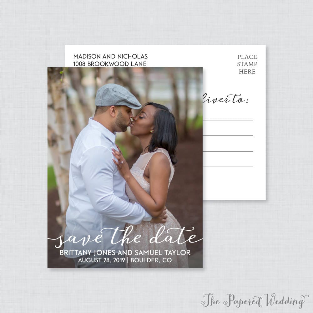 Printable Or Printed Photo Save The Date Postcards - Simple Our For Wedding, Elegant Script Dates 104
