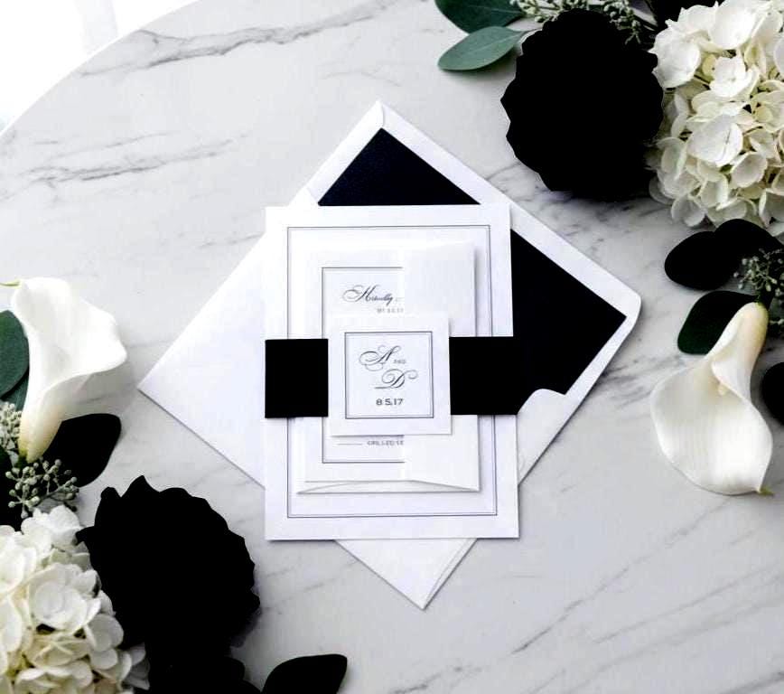 Wedding Invitation Suite Deposit Black White Tie Calligraphy Belly Band Elegant Invite