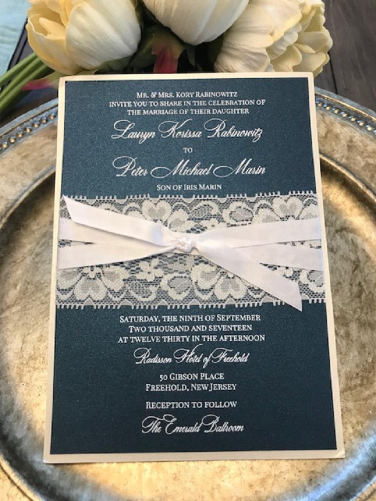 Navy Lace Wedding Invitation Suite Custom Shimmer Invitations