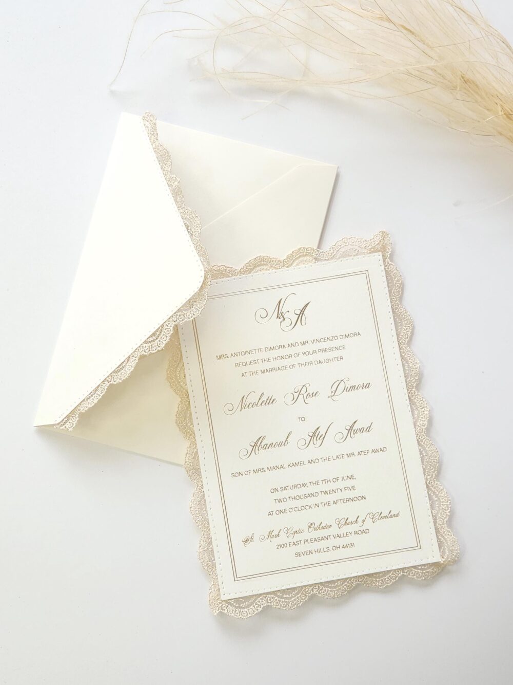 Handmade Lace Wedding Invitation, Embroidered Ivory Invite
