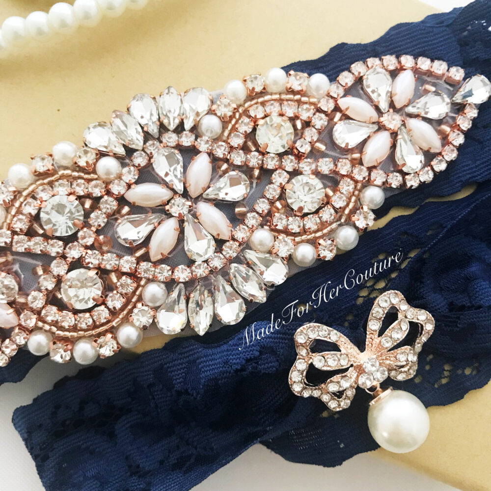 Navy Lace Wedding Garter Set Rose Gold Rhinestone & Pearl Applique