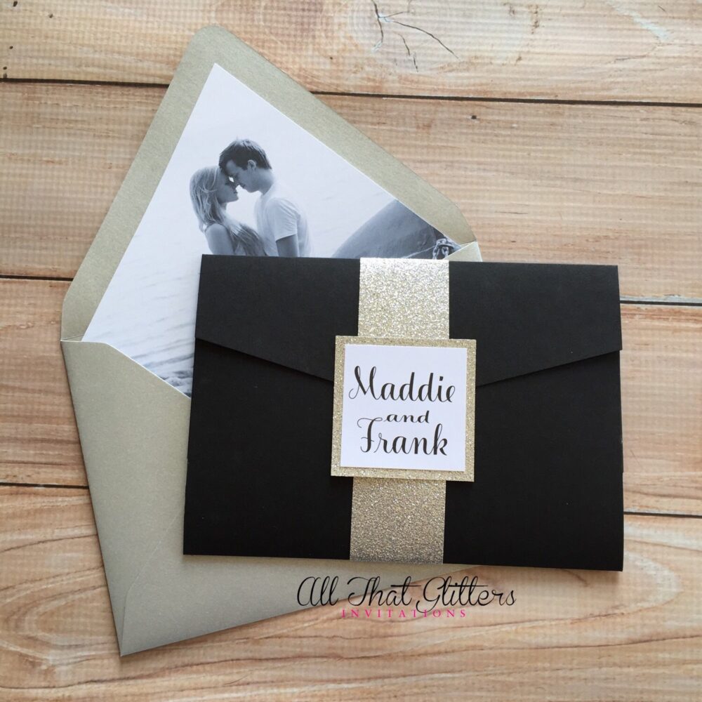 Pocket Wedding Invitations With Sparkle Glitter, Black & Silver Wedding Photo Envelope Liner, Madelyn Suite