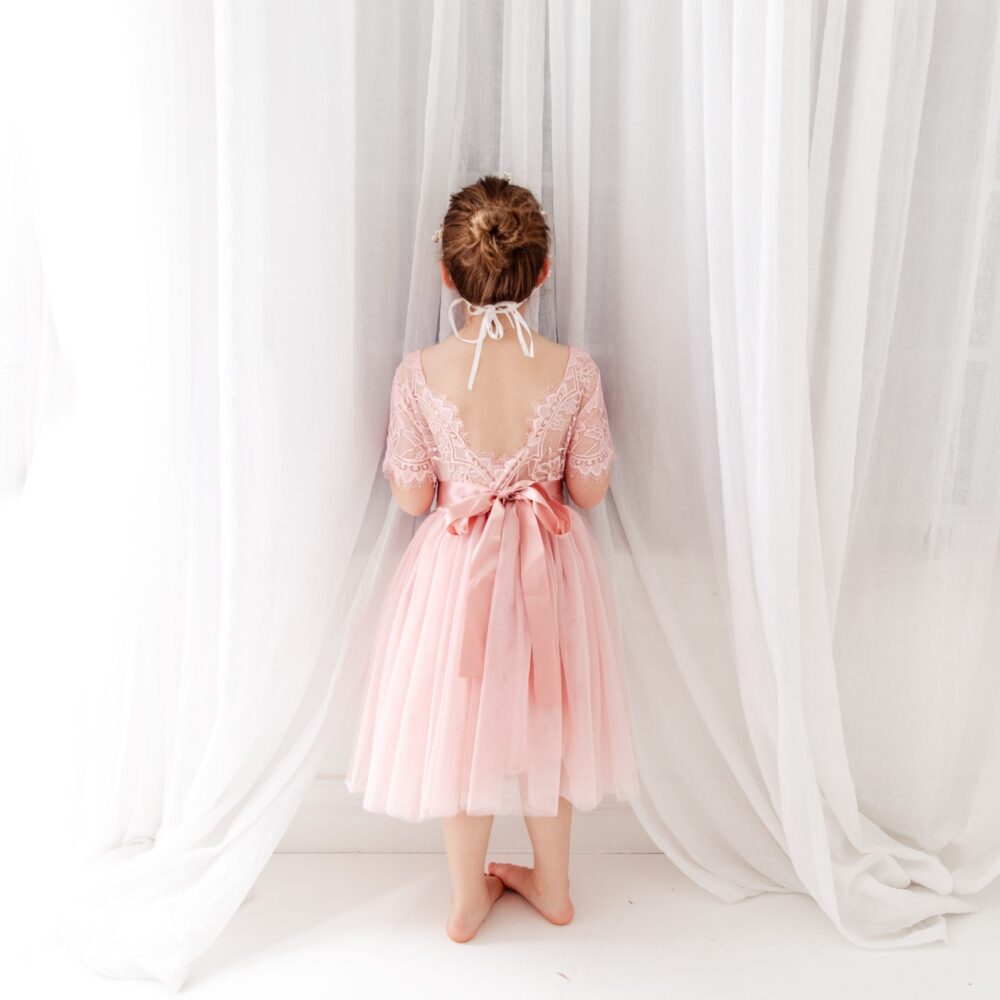 Erin Blush Flower Girl Dress, Rustic Boho Pink Wedding Gown, Bohemian Tulle Infant Girls Proposal Outfit
