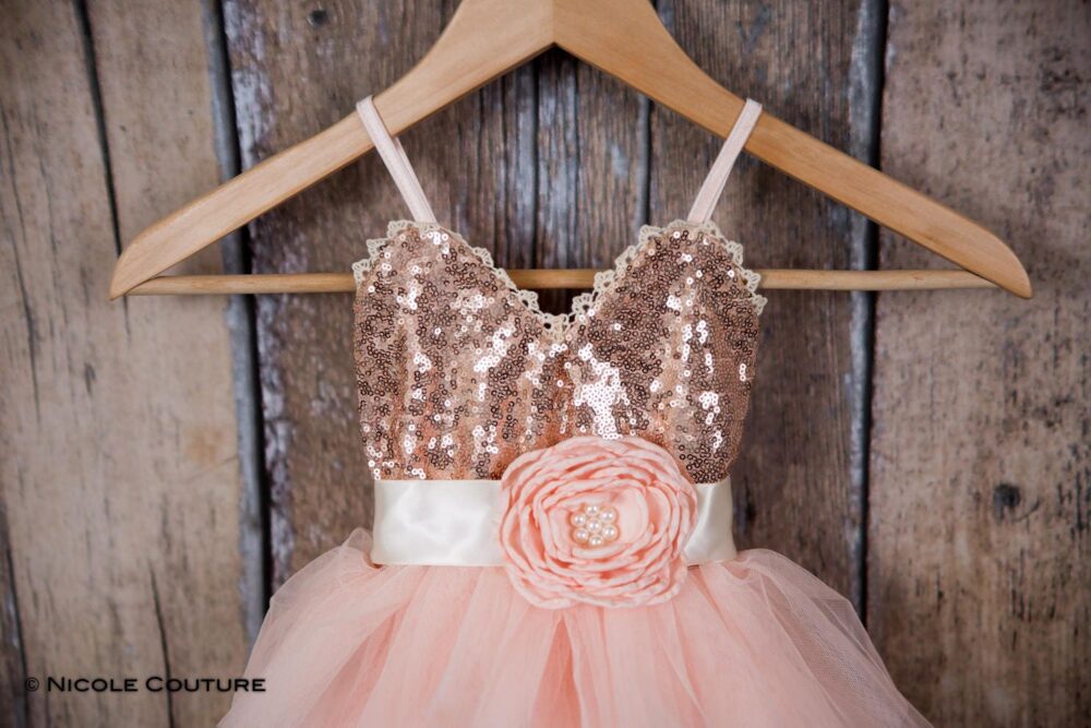 Blush Pink Tulle Flower Girl Dress Rose Gold Sequin, Bohemian Beach Wedding Dress, Junior Bridesmaid Princess Dresses For Girls