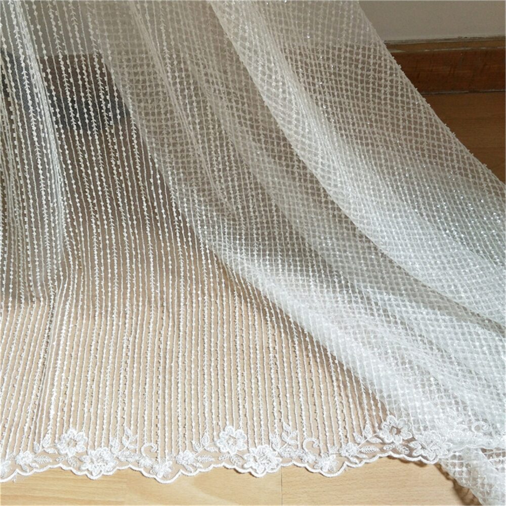 3D Beaded Sequin Lace Fabric Off-White Tulle Embroidery, Wedding Dress Fabric