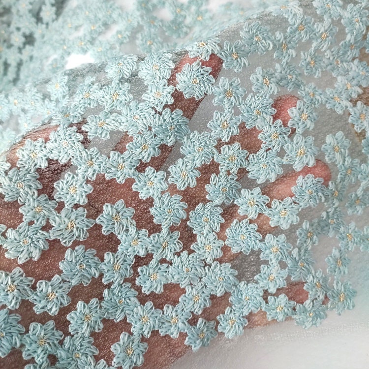Blue White Daisy High Quality White Tulle Exquisite Flower Embroidery Fabric Wedding Lace Bridal Dress Veil 51" Width