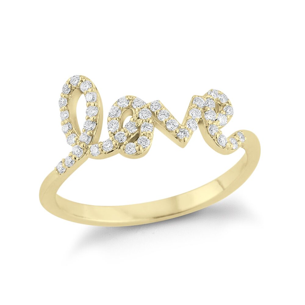 Gold & Diamond "Love" Ring, 14Kt Gold, Naturals Diamonds, Script Love Valentines Gift For Her, Fine Jewelry By Skinny Bling