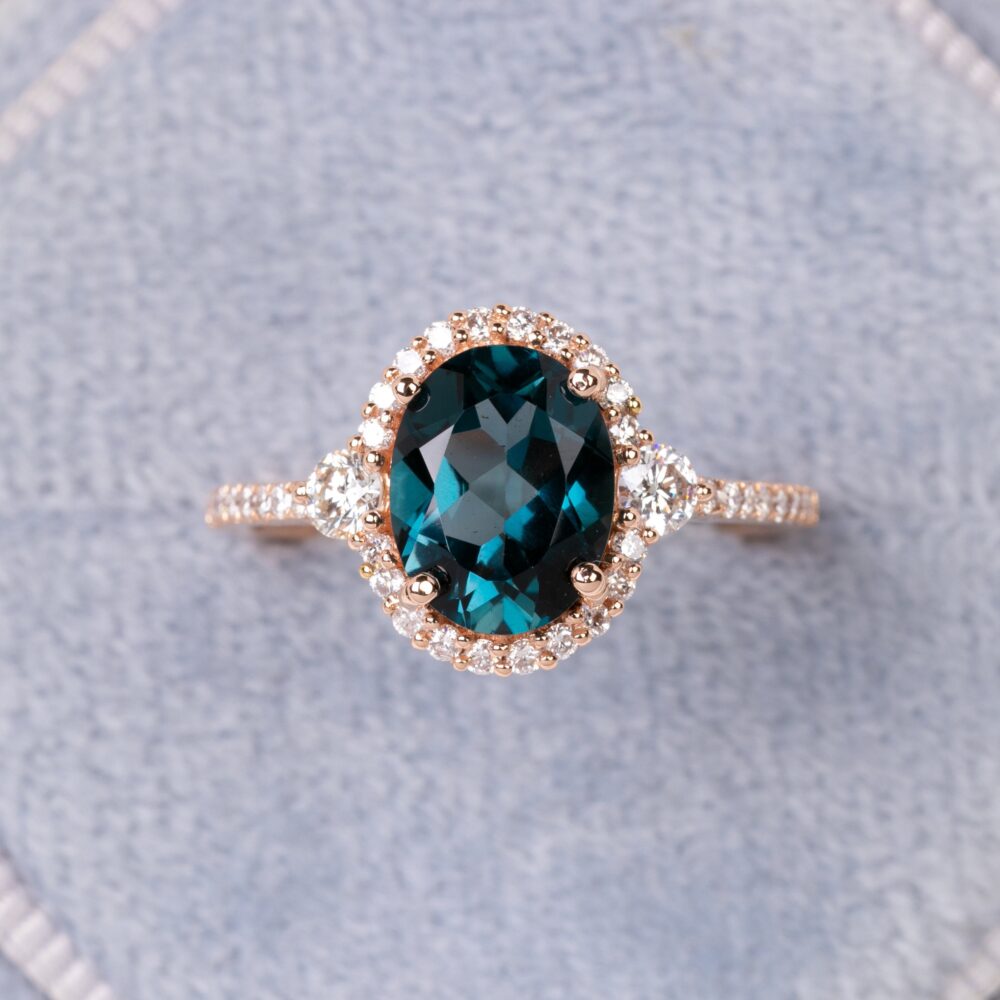 1.5Ct Blue Topaz Engagement Ring, Halo Diamond Ring, 14K Solid Gold, Brilliant Cut London Topaz, Chunky Wedding Ring, December Birthstone