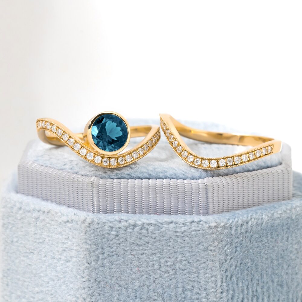 Blue Topaz Diamond 18K Gold Engagement Ring Set, Curved Wedding Band