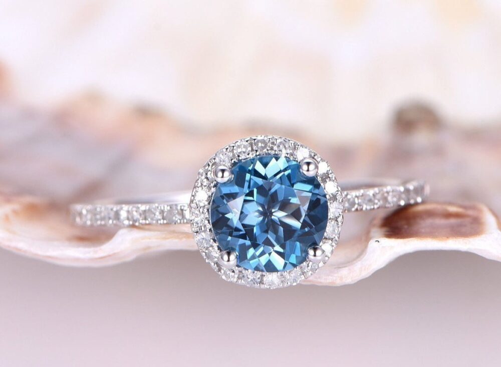 London Blue Topaz Engagement Ring, 6.5mm Round Cut, Topaz Diamond Wedding Band, Diamond Halo Ring, 14K White Gold, Topaz Anniversary Gift For Her