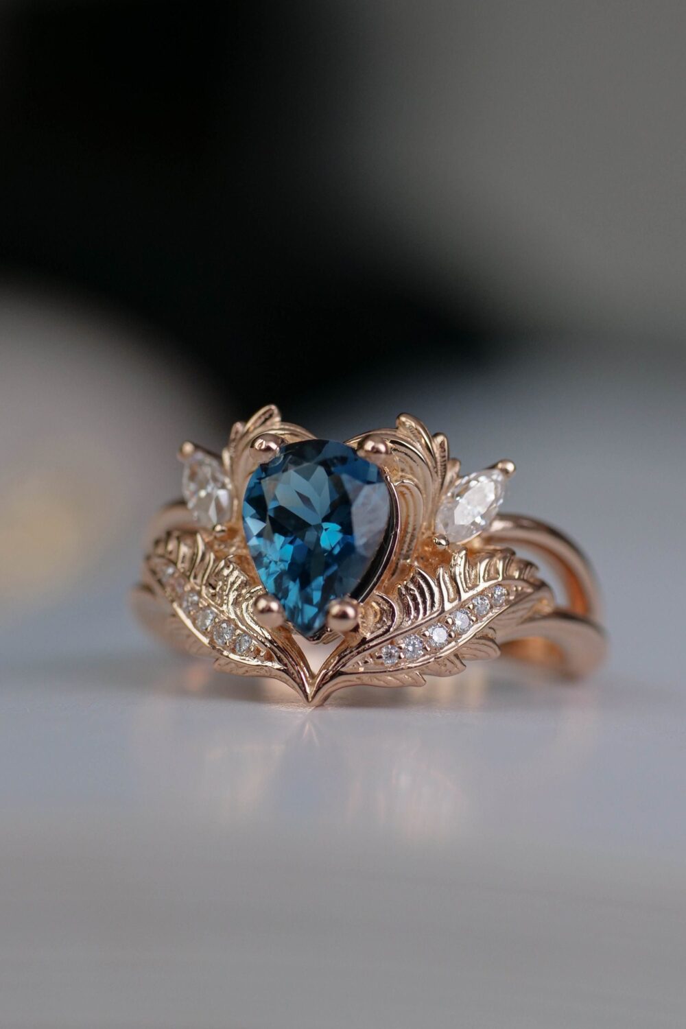 London Blue Topaz Leaf Engagement Ring, Branch Ring