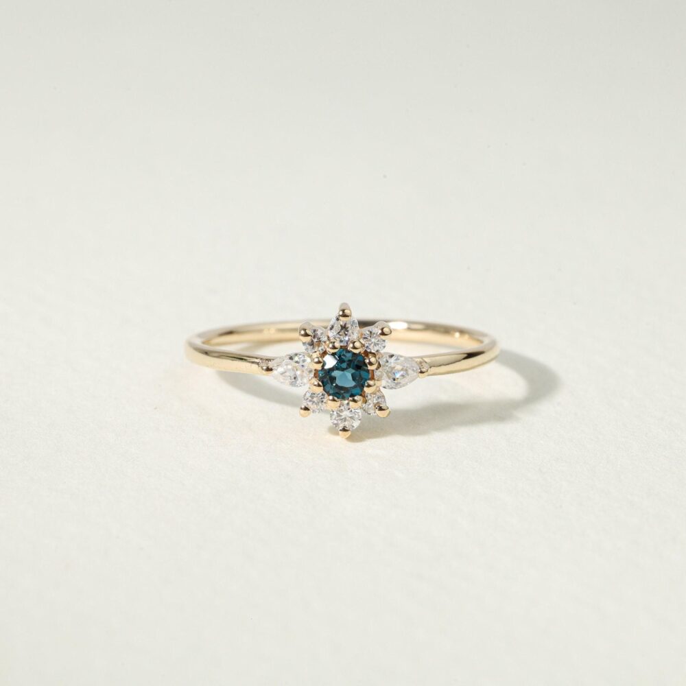 London Blue Topaz Engagement Ring - Gold Lab Diamond Halo, December Birthstone
