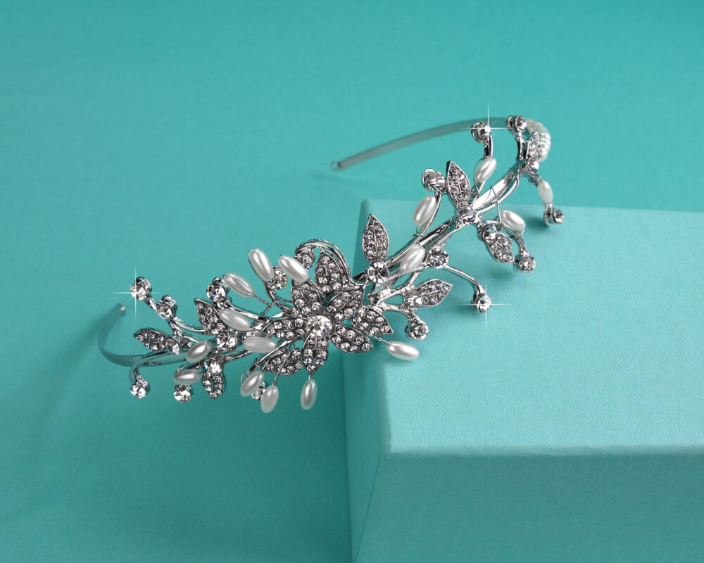 Clearance Crystal & White Pearl Side Bridal Headband, Silver Wedding Tiara, Headpiece, Hair Accessory, Ti-028