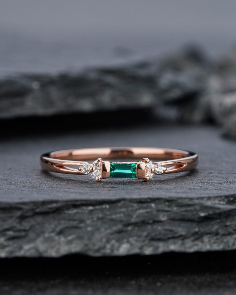 Vintage Baguette Emerald Wedding Band, Rose Gold Matching Cluster Moissanite Anniversary Ring, Art Deco Promise Ring
