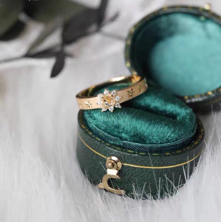 Art Deco Diamond Wedding Band, Starburst Ring, Gold Star Engagement Alternative Anniversary Gifts