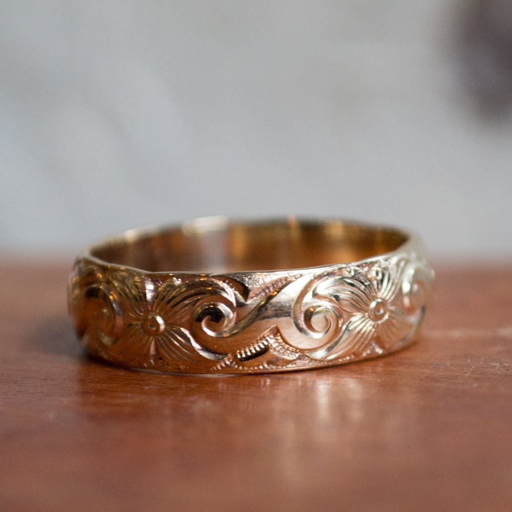 Yellow Gold Ring, Unisex Wedding Band, Filled Boho Bohemian Matching Set, Floral Unique - With This Ring R2276