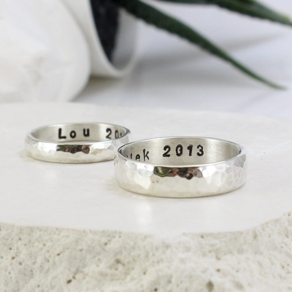 Silver Couple Rings, Wedding Bands, Custom Engraved Inside, Engagement Promise Rings- Hammered- Handmade - Set Of Two Rings