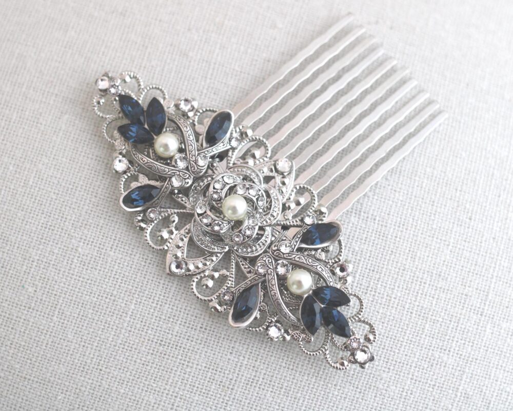 Bridal Hair Comb, Wedding Accessories, Pearl Rhinestone Hair Comb, Blue Crystal, Vintage Style, Roselani