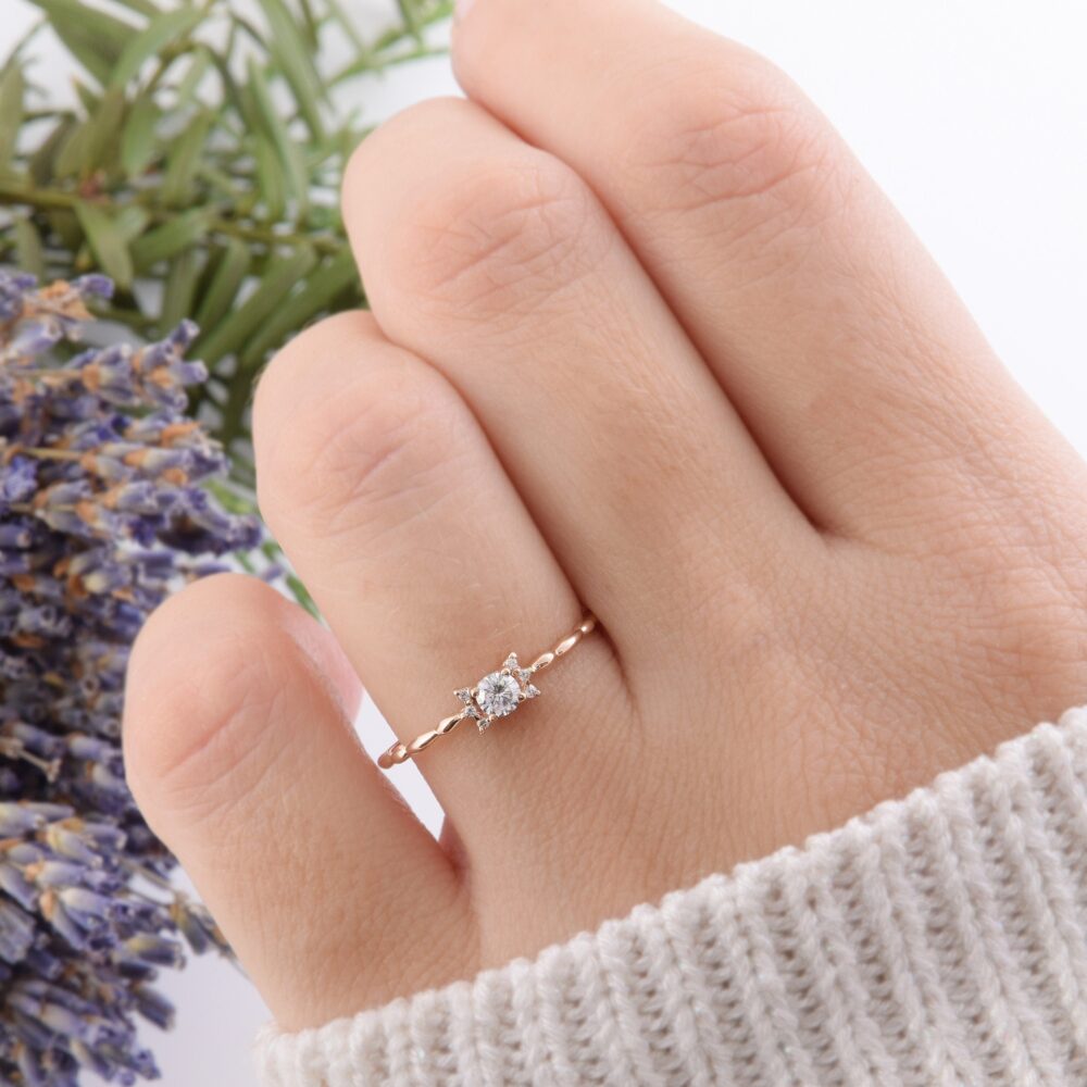 Minimalist Delicate 14K Rose Gold Diamond Promise Ring For Her, Small & Dainty Art Deco Style Genuine White Womens Engagement
