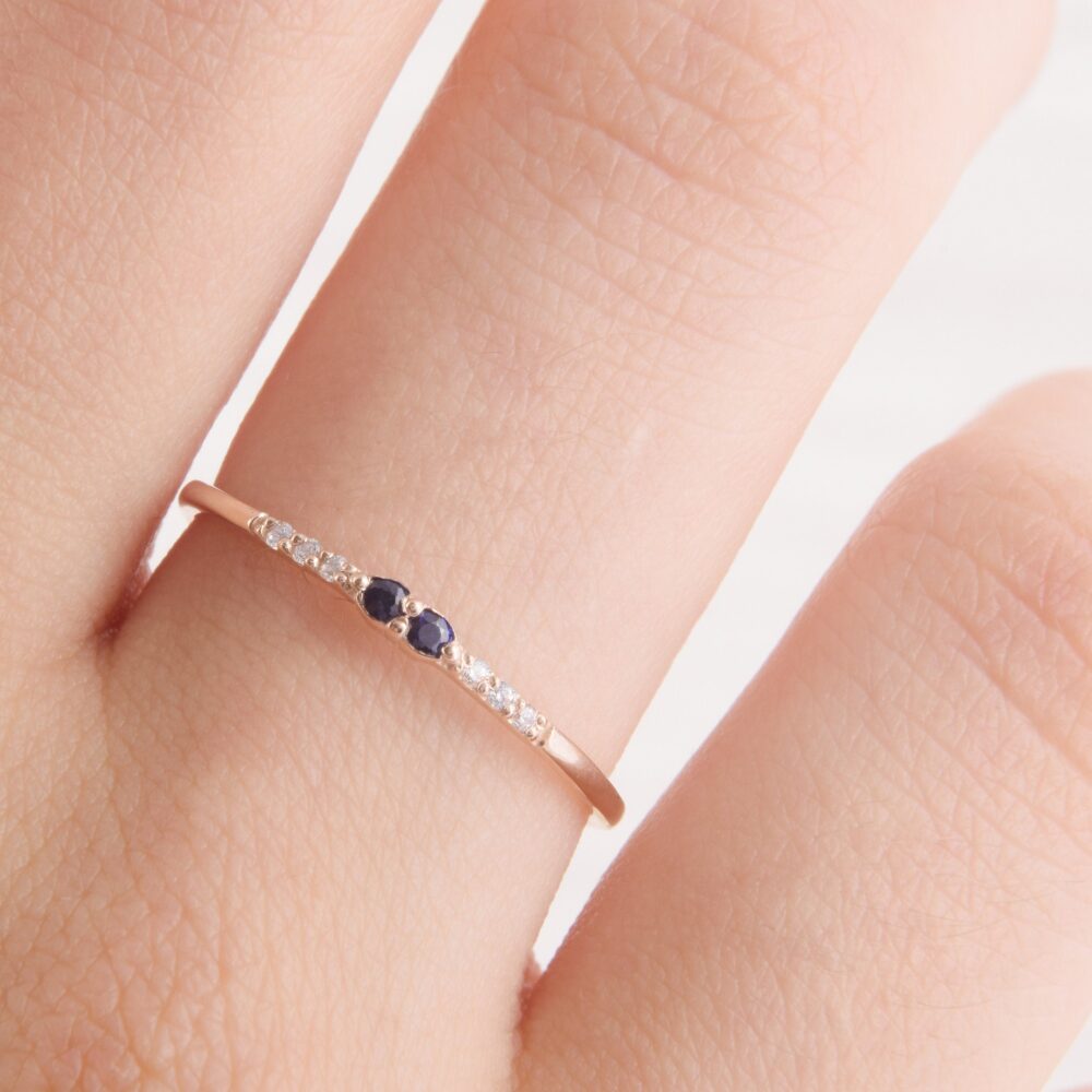 Small & Delicate 14K Rose Gold Blue Sapphire Diamond Promise Ring For Her, Unique Simple Minimalist Womens Ring, Tiny