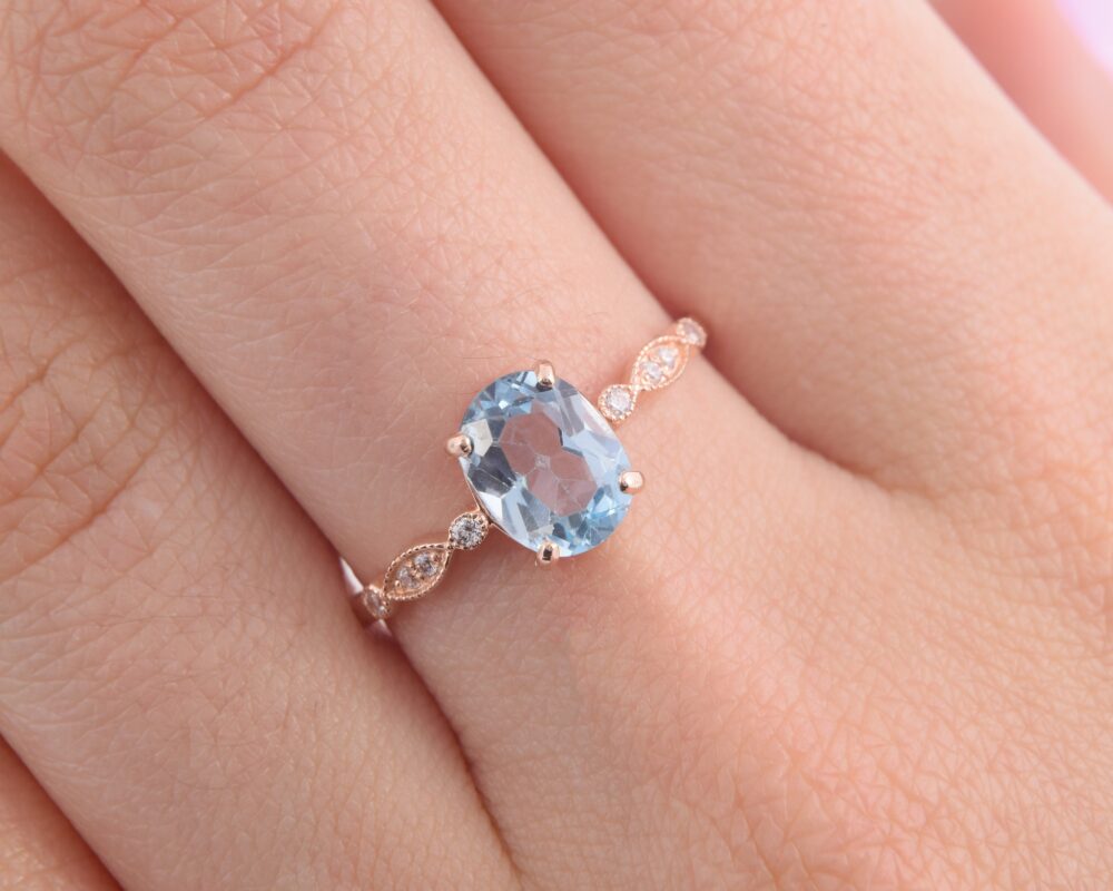 Dainty Antique Style Art Deco Sky Blue Topaz Promise Ring For Her, Unique Vintage Victorian Womens Engagement Ring, Gift Her