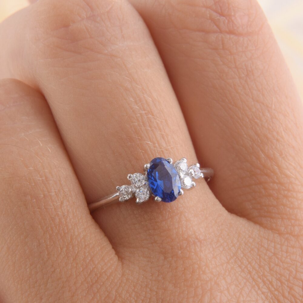 Dainty Silver Blue Sapphire Promise Ring For Her, Unique Art Deco Womens Ring, Simple Antique Engagement