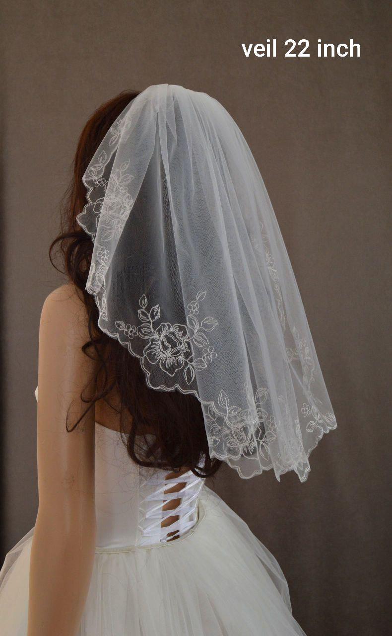 Short Veil, Veil With Embroidered Lace Along The Edge, Veil 22 Inch, Embroidered Veil, Bridal Veil, Fingertip Veil, Elbow Cathedral Veil