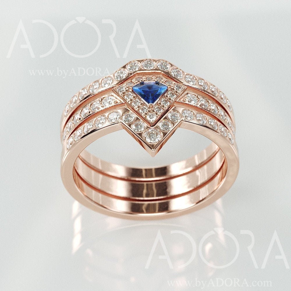 Diamond Cut Blue Sapphire Engagement Bridal Rings Set | 14K Rose Gold & Wedding With Lab Diamonds